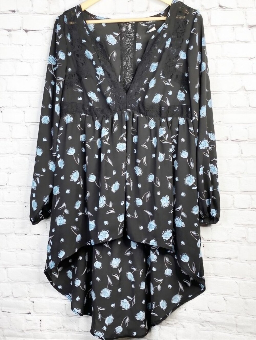 Torrid Black Top with Blue Rose Print and Lace Trim. High Low Hem.